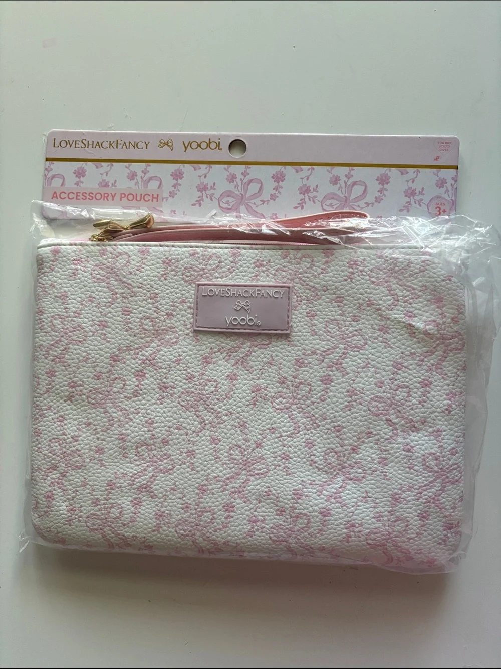 New - LoveShackFancy Pink Coquette Gold Bow Zipper Pouch/Wristlet w Strap
